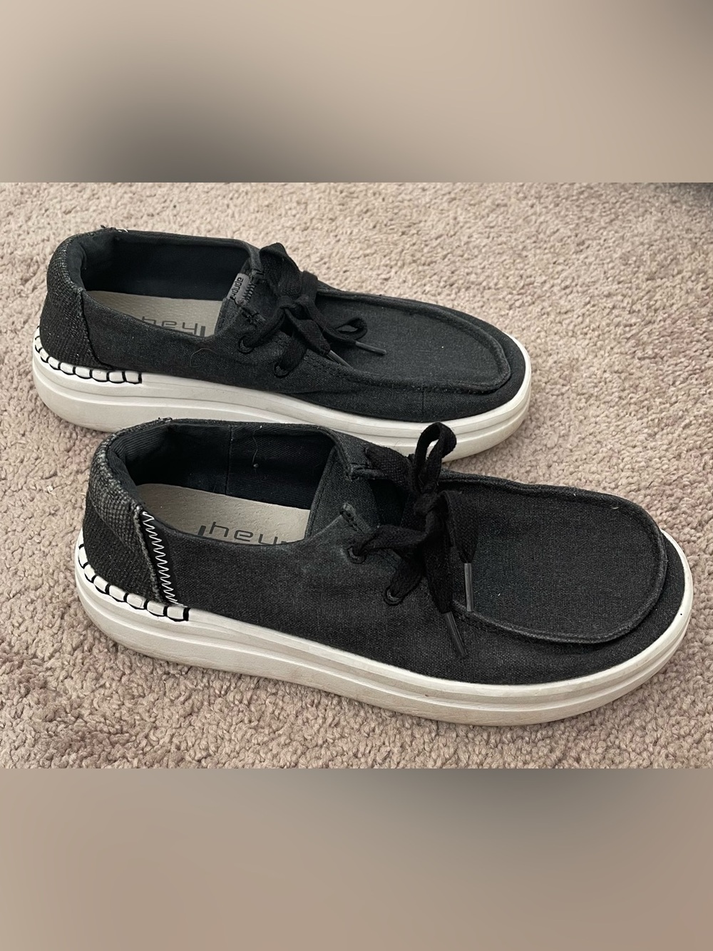 Hey Dude Black Canvas Boat Shoes with White Sole